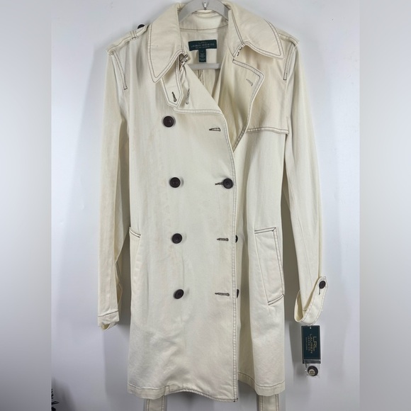 NWT Lauren Ralph Lauren Natural Off White Cream Trench Coat Leather Buckle Large - Picture 1 of 5